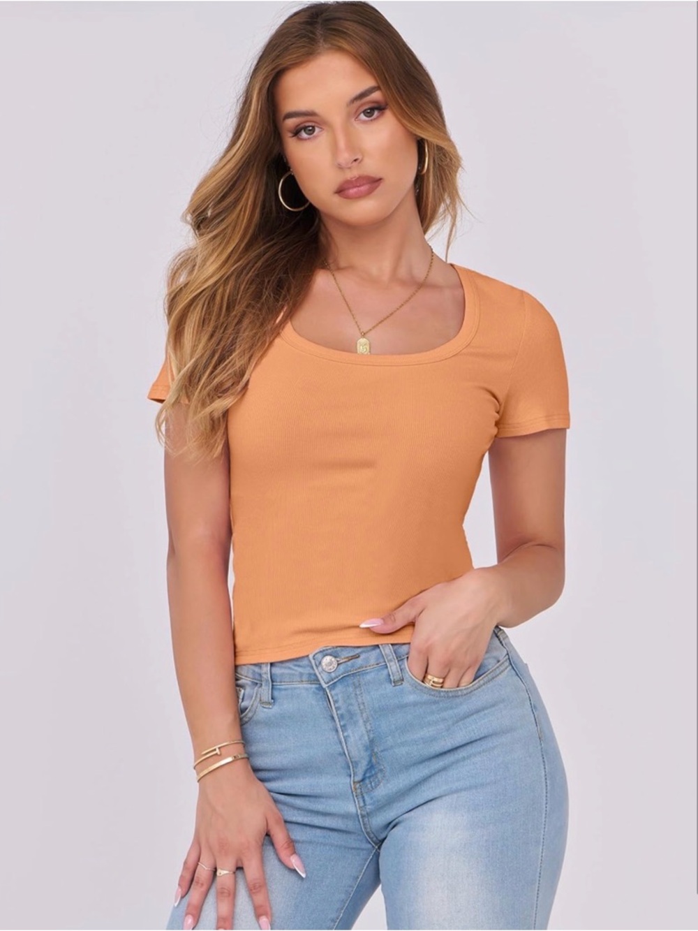 Anrabess Ribbed Scoop Neck Short Sleeve Top in Orange